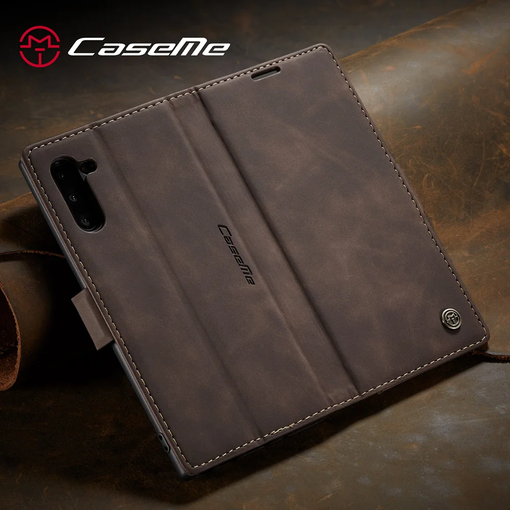 CASEME 013 Series Auto-absorbed Flip Leather Wallet Stand Case for Samsung Galaxy Note 10/Note 10 5G - Dark Brown-Cellmalls