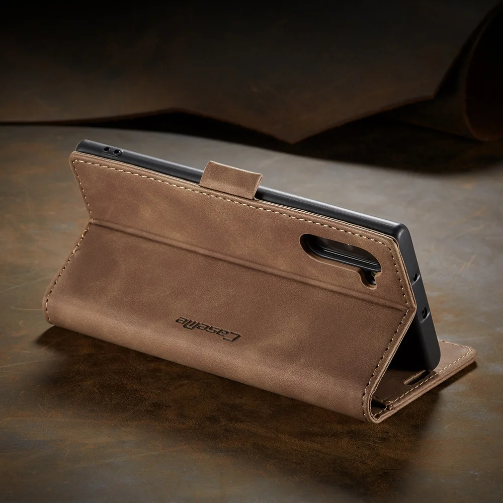 CASEME 013 Series Auto-absorbed Flip Leather Wallet Stand Case for Samsung Galaxy Note 10/Note 10 5G - Dark Brown-Cellmalls