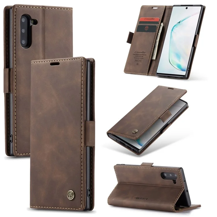 CASEME 013 Series Auto-absorbed Flip Leather Wallet Stand Case for Samsung Galaxy Note 10/Note 10 5G - Dark Brown-Cellmalls