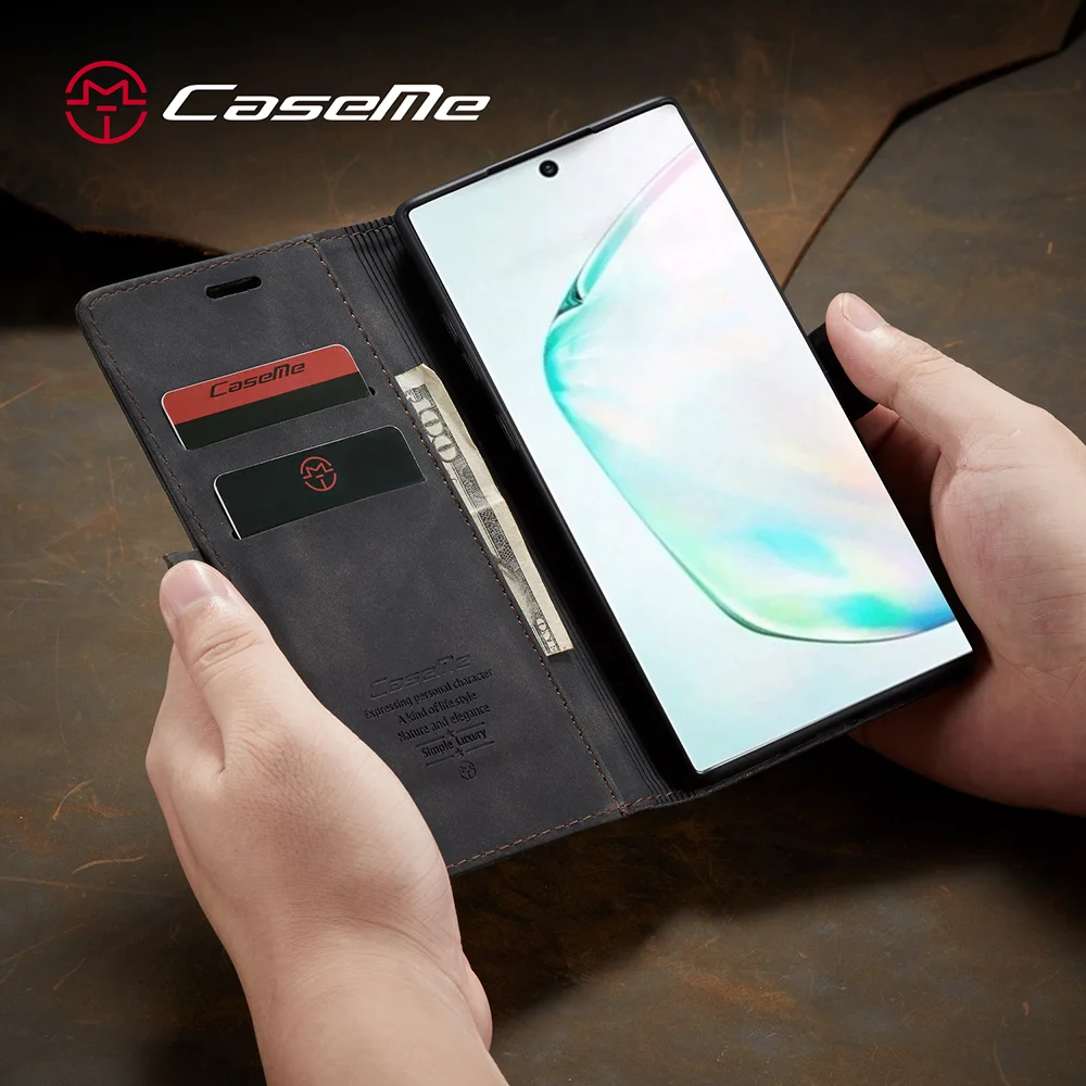 CASEME 013 Series Auto-absorbed Flip Leather Wallet Shell for Samsung Galaxy Note 10 Plus/10 Plus 5G - Black-Cellmalls