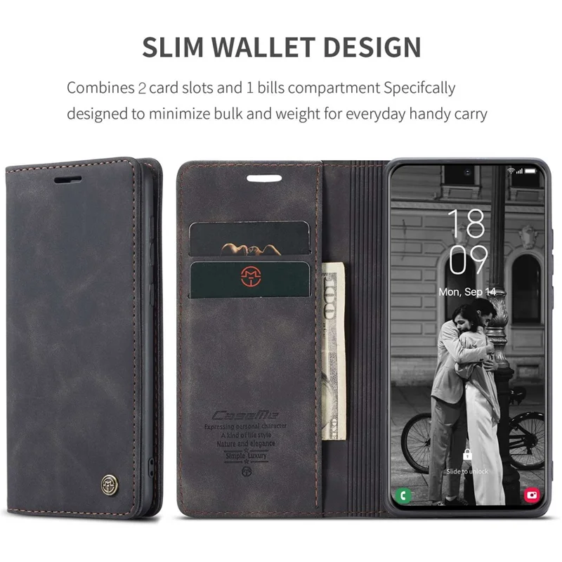 CASEME 013 Series Magnetic Closure Leather Wallet Stand Shell for Samsung Galaxy S21 4G/5G - Black-Cellmalls