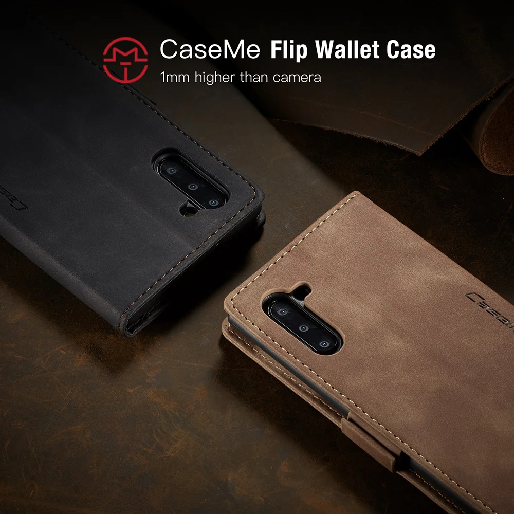 CASEME 013 Series Auto-absorbed Flip Leather Wallet Stand Case for Samsung Galaxy Note 10/Note 10 5G - Dark Brown-Cellmalls