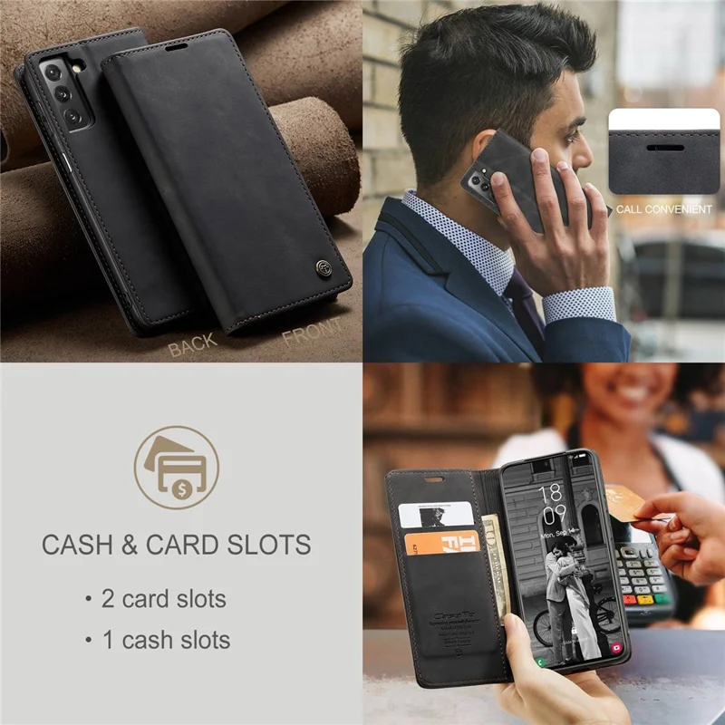 CASEME 013 Series Magnetic Closure Leather Wallet Stand Shell for Samsung Galaxy S21 4G/5G - Black-Cellmalls