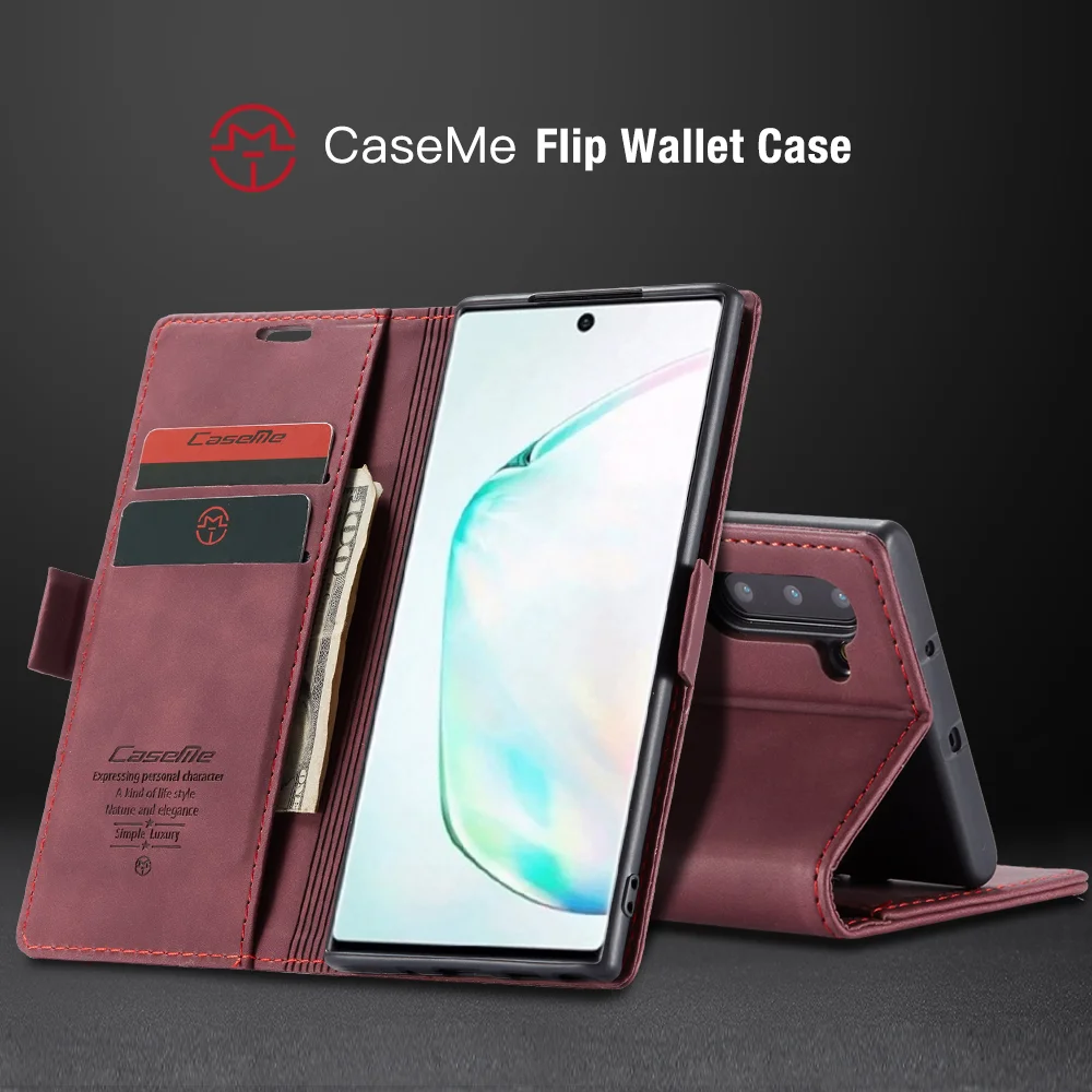 CASEME 013 Series Auto-absorbed Flip Leather Wallet Stand Case for Samsung Galaxy Note 10/Note 10 5G - Dark Brown-Cellmalls
