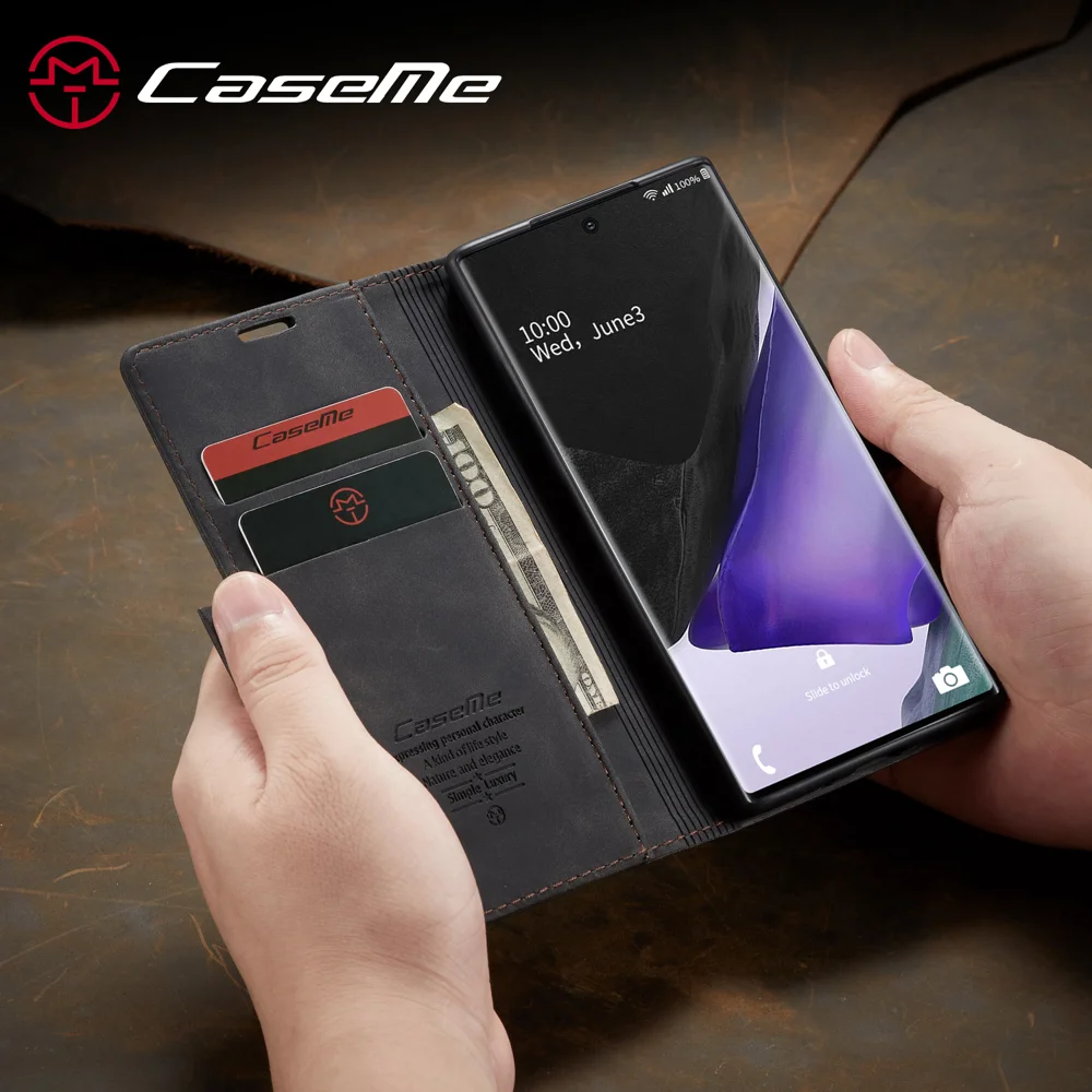CASEME 013 Series Simplicity Auto-absorbed Leather Shell Wallet Case for Samsung Galaxy Note20/Note20 5G - Black-Cellmalls
