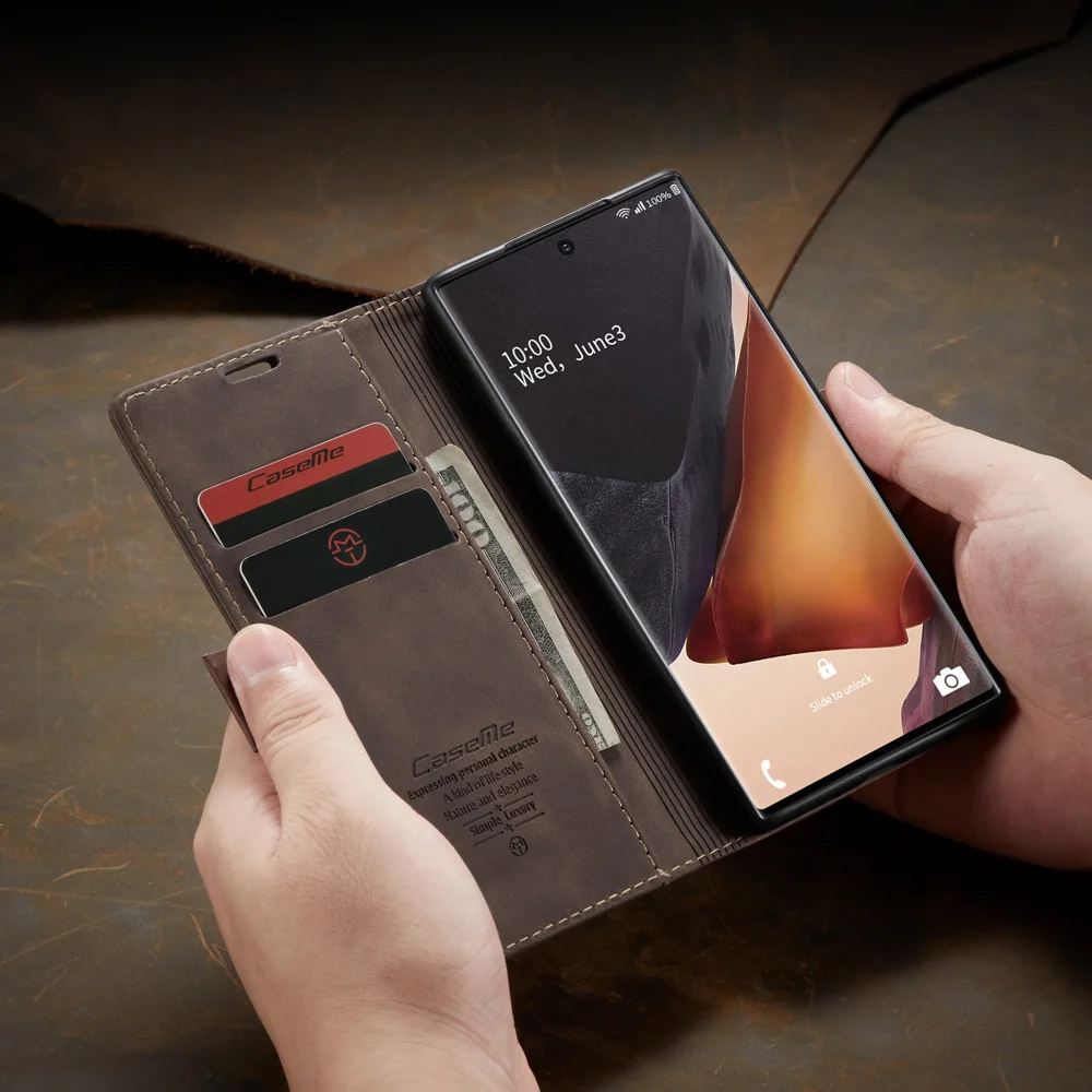 CASEME 013 Series Simplicity Auto-absorbed Leather Shell Wallet Case for Samsung Galaxy Note20/Note20 5G - Black-Cellmalls