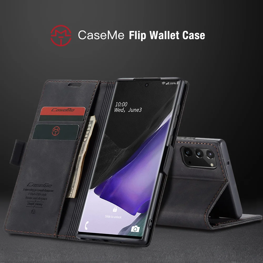 CASEME 013 Series Simplicity Auto-absorbed Leather Shell Wallet Case for Samsung Galaxy Note20/Note20 5G - Black-Cellmalls