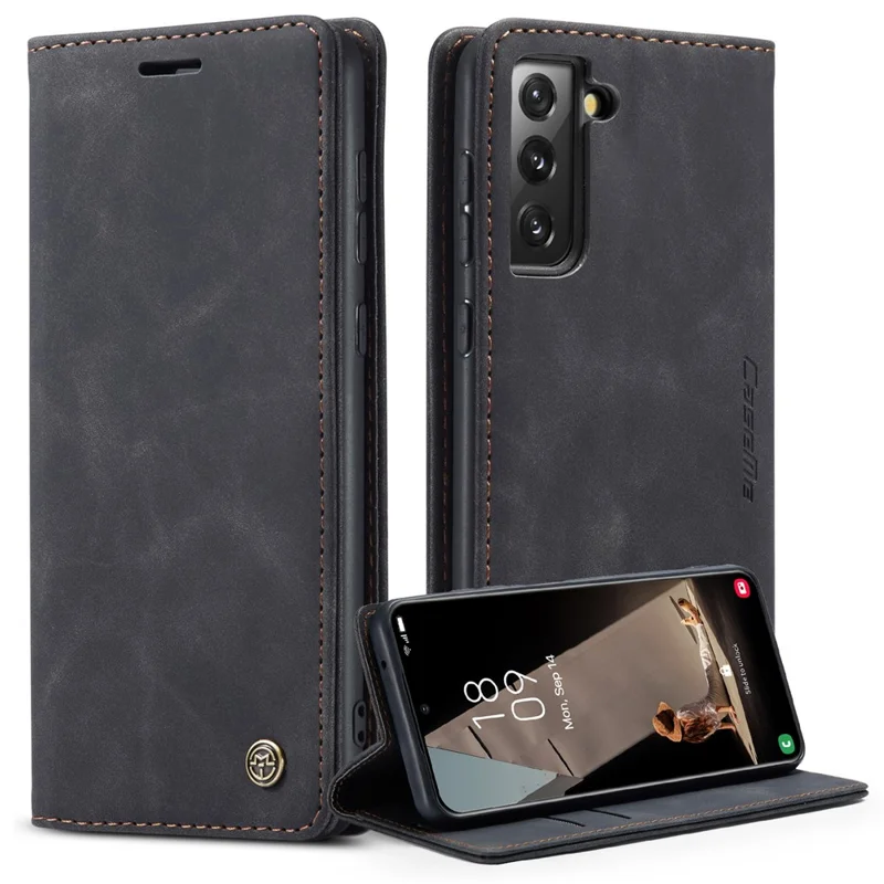 CASEME 013 Series For Samsung Galaxy S21 FE Wallet Stand Cover Automatic Suction Leather Case - Black-Cellmalls