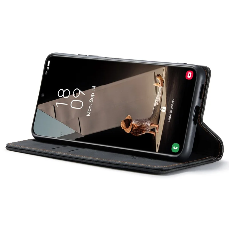CASEME 013 Series For Samsung Galaxy S21 FE Wallet Stand Cover Automatic Suction Leather Case - Black-Cellmalls