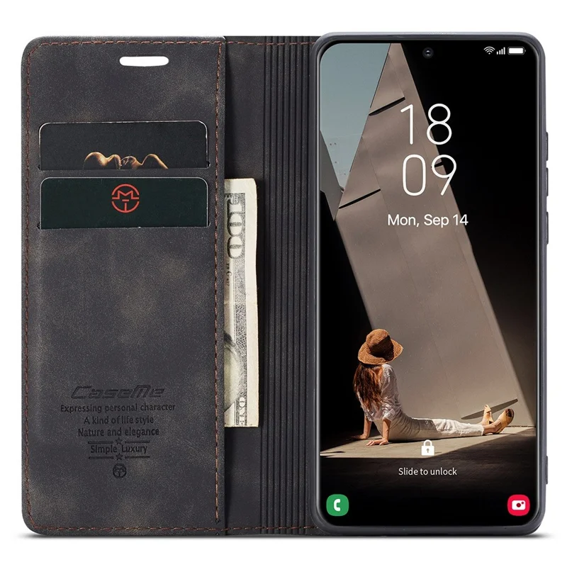 CASEME 013 Series For Samsung Galaxy S21 FE Wallet Stand Cover Automatic Suction Leather Case - Black-Cellmalls