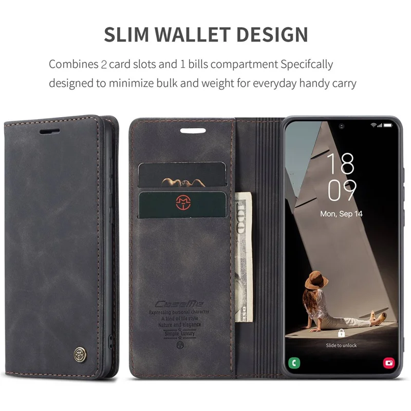 CASEME 013 Series For Samsung Galaxy S21 FE Wallet Stand Cover Automatic Suction Leather Case - Black-Cellmalls