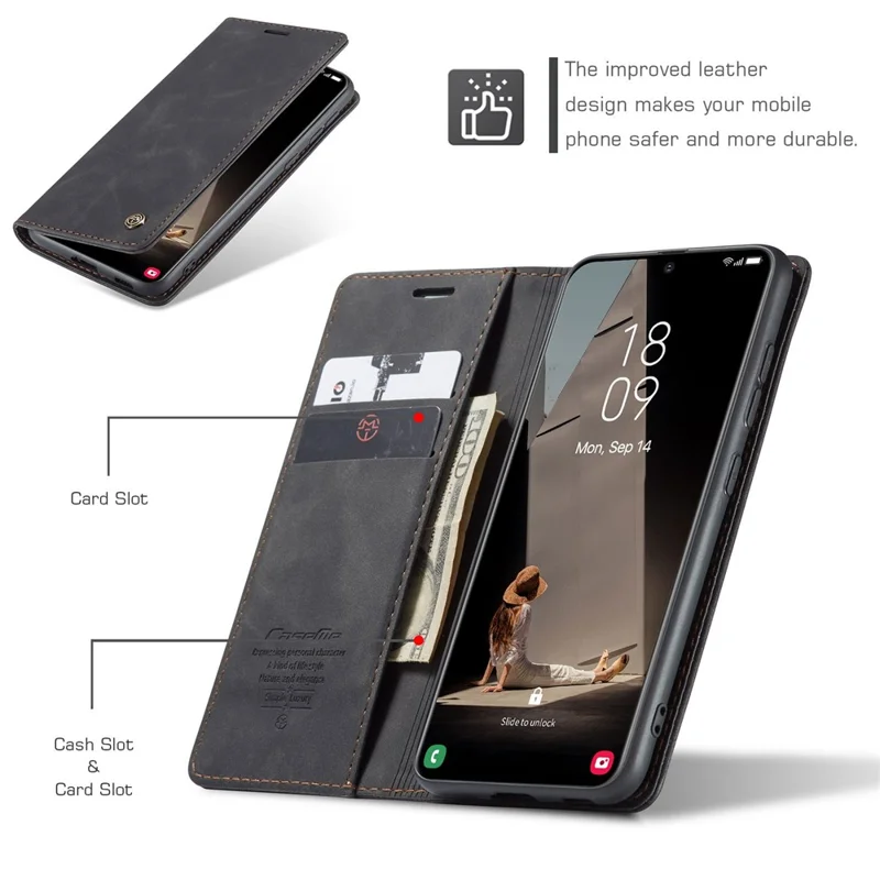 CASEME 013 Series For Samsung Galaxy S21 FE Wallet Stand Cover Automatic Suction Leather Case - Black-Cellmalls