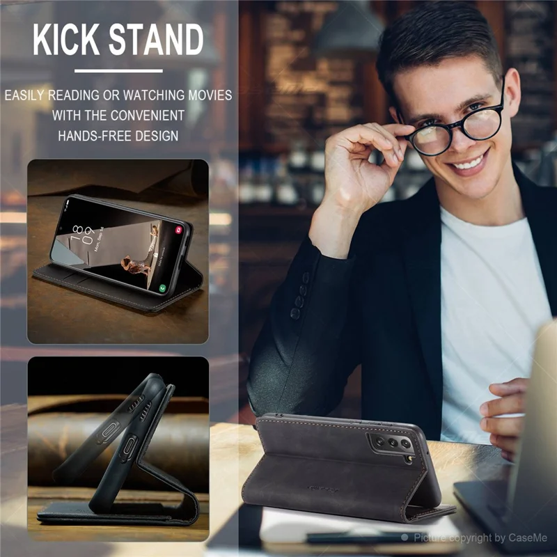 CASEME 013 Series For Samsung Galaxy S21 FE Wallet Stand Cover Automatic Suction Leather Case - Black-Cellmalls