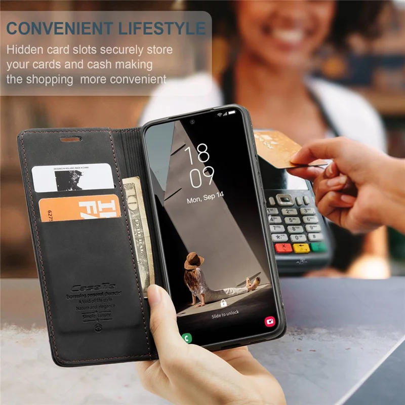 CASEME 013 Series For Samsung Galaxy S21 FE Wallet Stand Cover Automatic Suction Leather Case - Black-Cellmalls