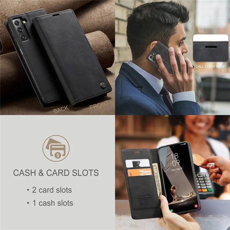 CASEME 013 Series For Samsung Galaxy S21 FE Wallet Stand Cover Automatic Suction Leather Case - Black-Cellmalls