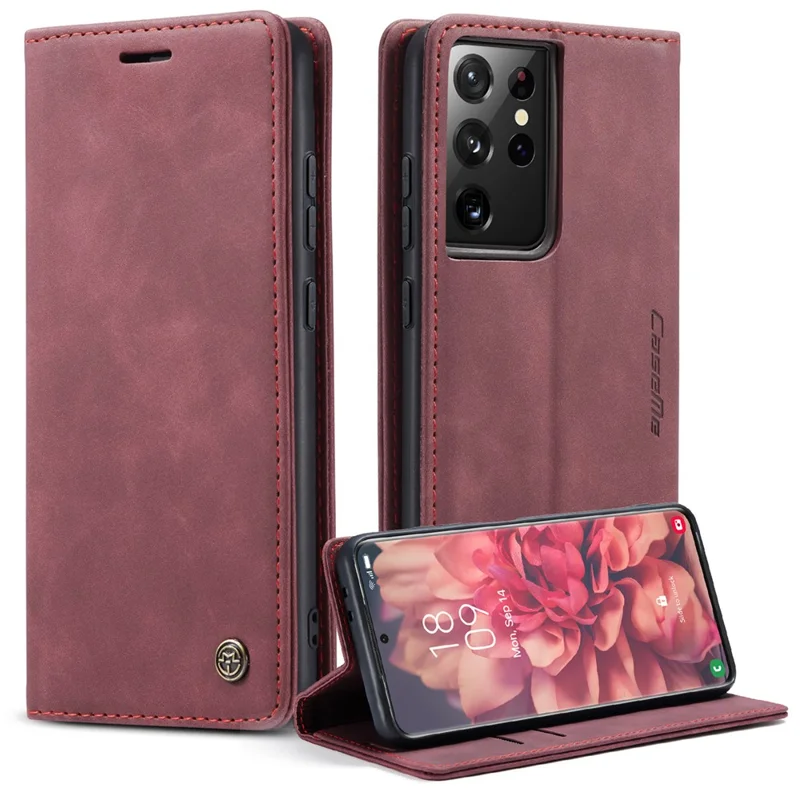 CASEME 013 Series Magnetic Clasp Stand Wallet Leather Shell for Samsung Galaxy S21 Ultra 5G - Wine Red-Cellmalls