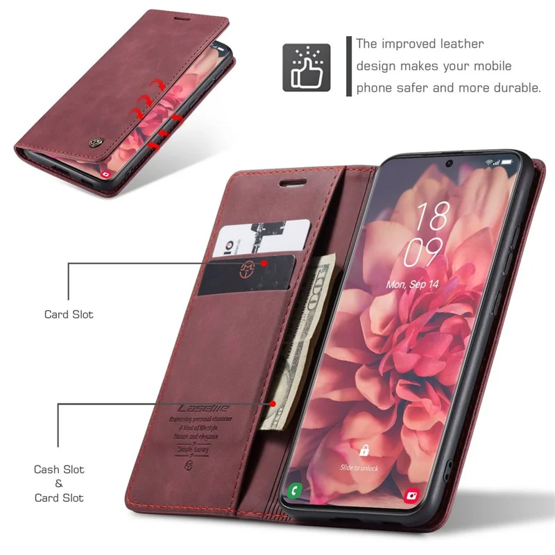 CASEME 013 Series Magnetic Clasp Stand Wallet Leather Shell for Samsung Galaxy S21 Ultra 5G - Wine Red-Cellmalls