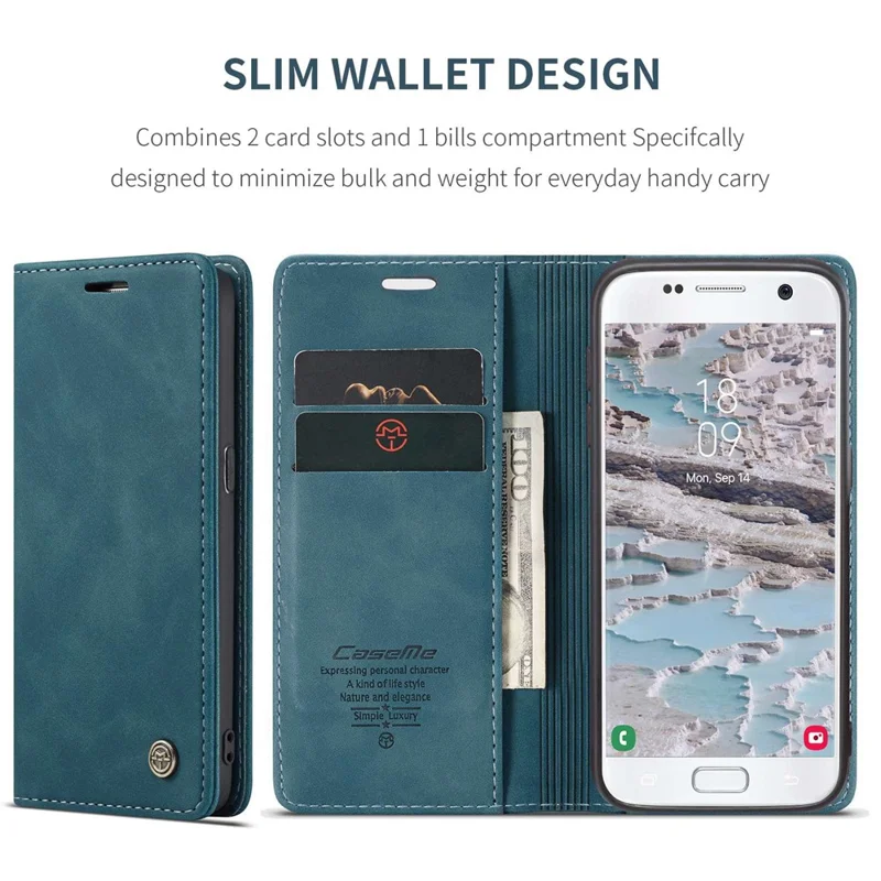 CASEME 013 Series Auto-absorbed Leather Wallet Phone Shell for Samsung Galaxy S7 SM-G930 - Blue-Cellmalls