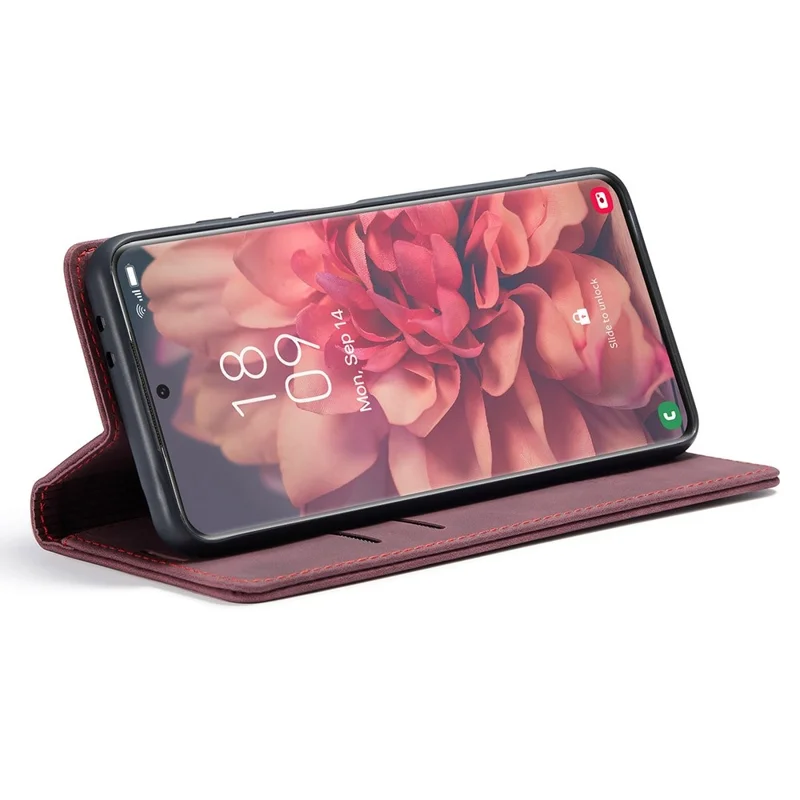 CASEME 013 Series Magnetic Clasp Stand Wallet Leather Shell for Samsung Galaxy S21 Ultra 5G - Wine Red-Cellmalls