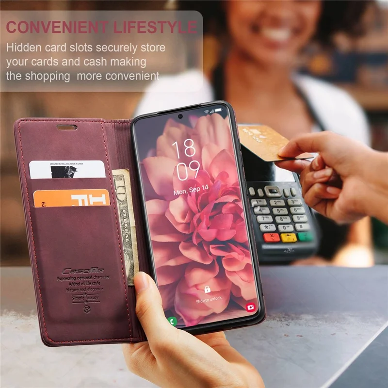 CASEME 013 Series Magnetic Clasp Stand Wallet Leather Shell for Samsung Galaxy S21 Ultra 5G - Wine Red-Cellmalls