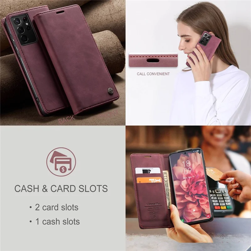 CASEME 013 Series Magnetic Clasp Stand Wallet Leather Shell for Samsung Galaxy S21 Ultra 5G - Wine Red-Cellmalls
