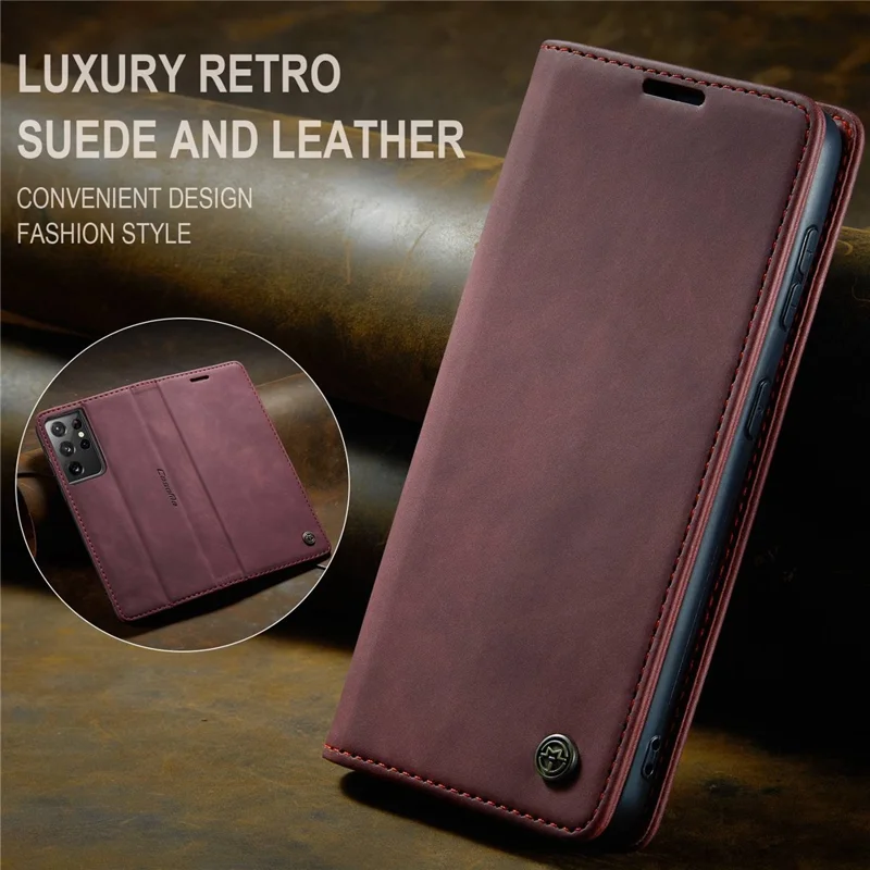 CASEME 013 Series Magnetic Clasp Stand Wallet Leather Shell for Samsung Galaxy S21 Ultra 5G - Wine Red-Cellmalls