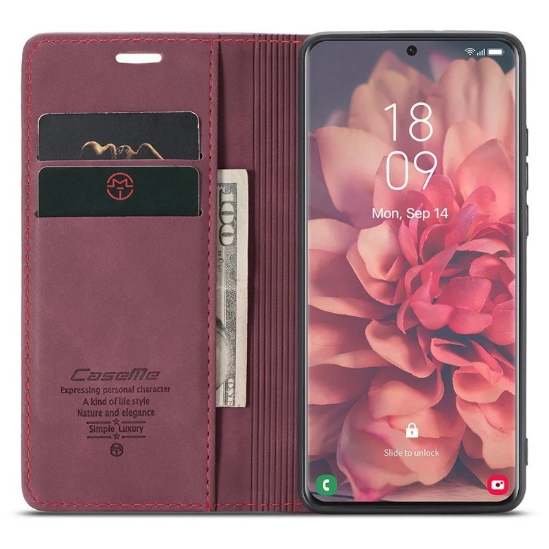 CASEME 013 Series Magnetic Clasp Stand Wallet Leather Shell for Samsung Galaxy S21 Ultra 5G - Wine Red-Cellmalls