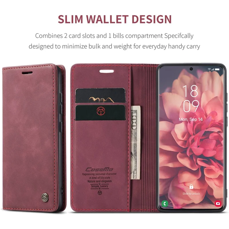 CASEME 013 Series Magnetic Clasp Stand Wallet Leather Shell for Samsung Galaxy S21 Ultra 5G - Wine Red-Cellmalls