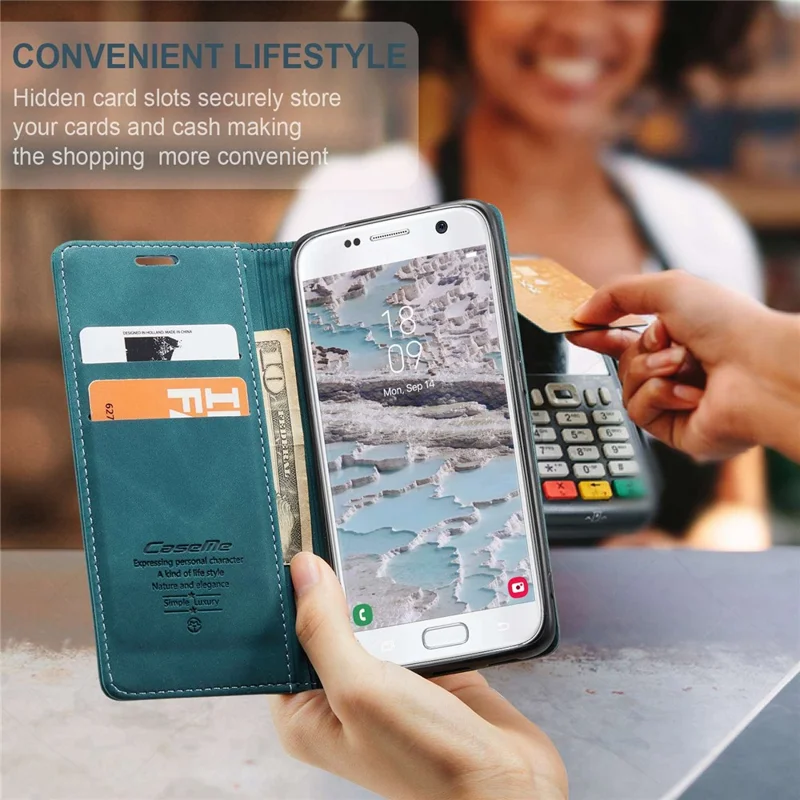 CASEME 013 Series Auto-absorbed Leather Wallet Phone Shell for Samsung Galaxy S7 SM-G930 - Blue-Cellmalls