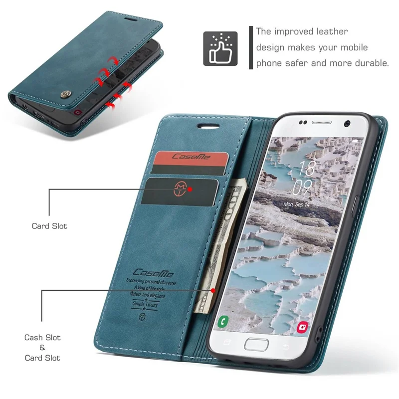 CASEME 013 Series Auto-absorbed Leather Wallet Phone Shell for Samsung Galaxy S7 SM-G930 - Blue-Cellmalls