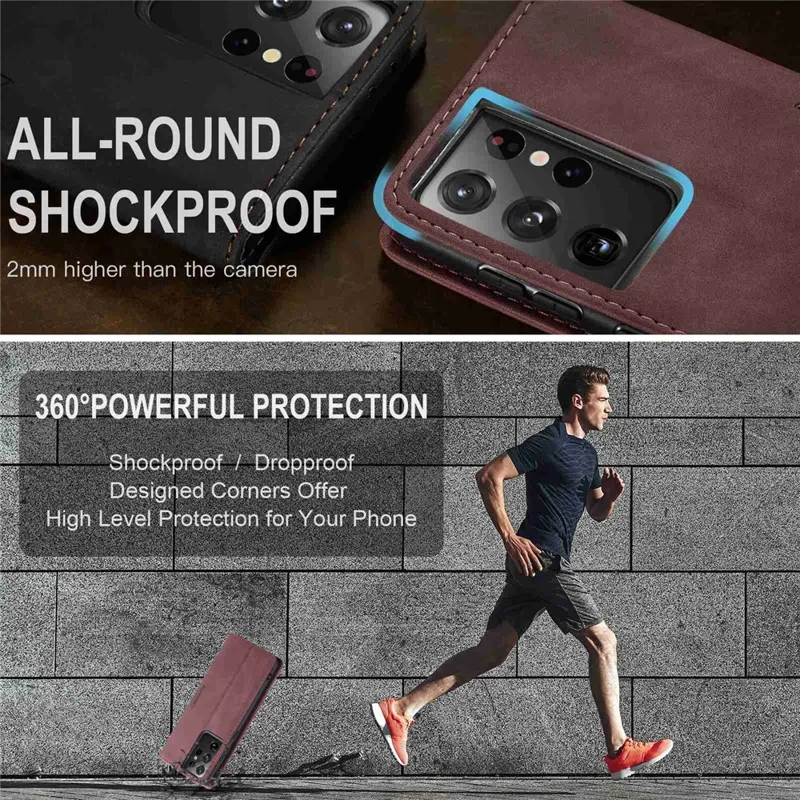 CASEME 013 Series Magnetic Clasp Stand Wallet Leather Shell for Samsung Galaxy S21 Ultra 5G - Wine Red-Cellmalls