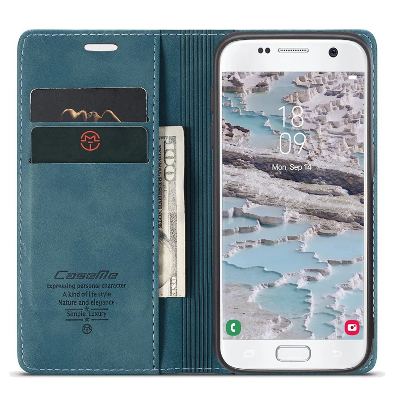 CASEME 013 Series Auto-absorbed Leather Wallet Phone Shell for Samsung Galaxy S7 SM-G930 - Blue-Cellmalls
