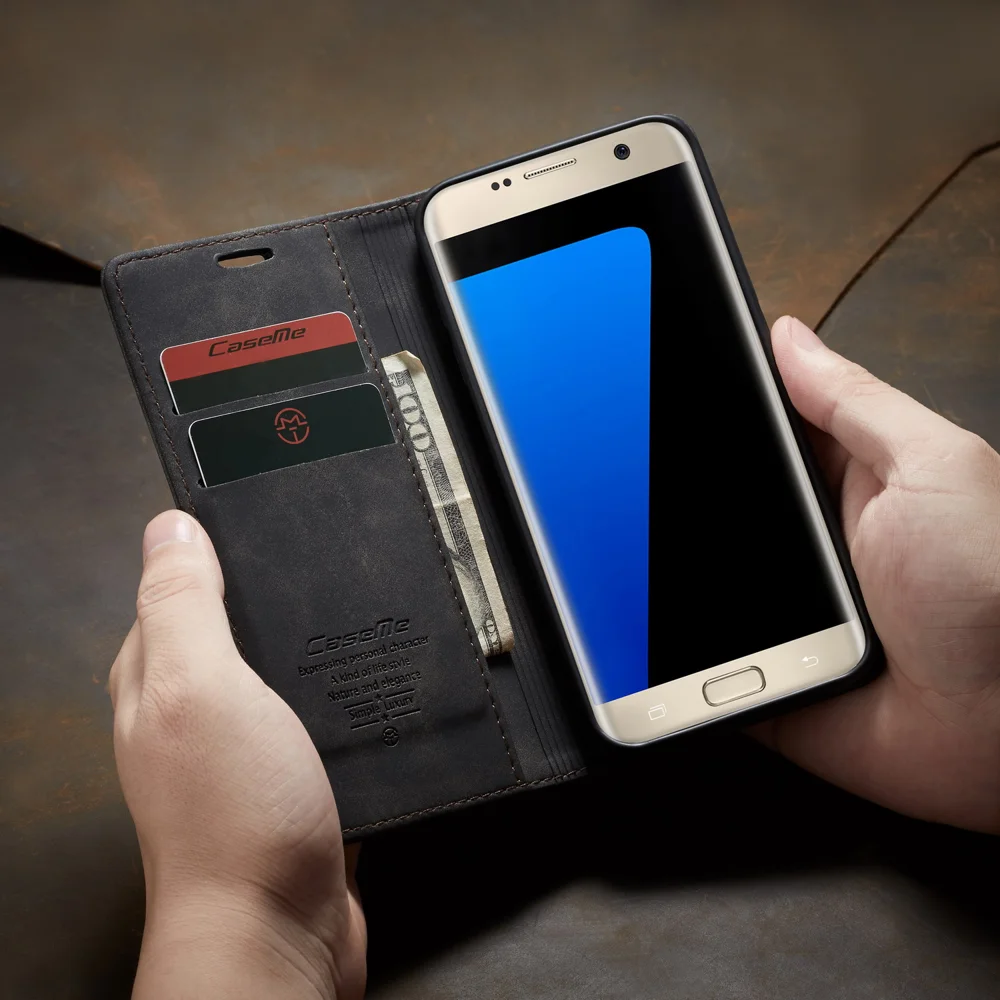 CASEME 013 Series Auto-absorbed Leather Wallet Stand Casing for Samsung Galaxy S7 edge G935 - Blue-Cellmalls