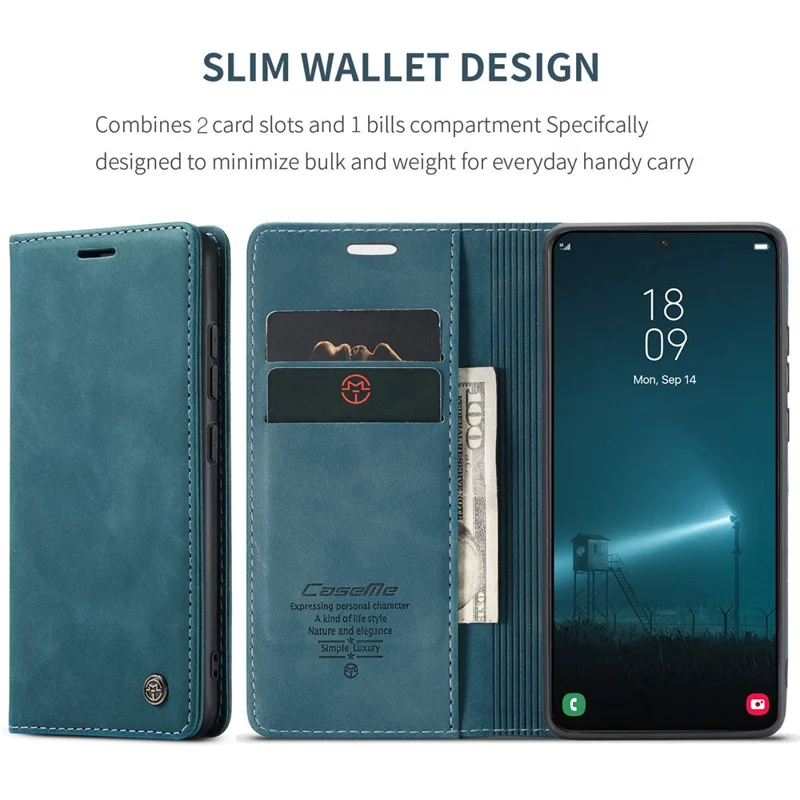 CASEME 013 Series for Samsung Galaxy S22 5G PU Leather Wallet Phone Case Stand Magnetic Absorption Card Holder Cover - Green-Cellmalls