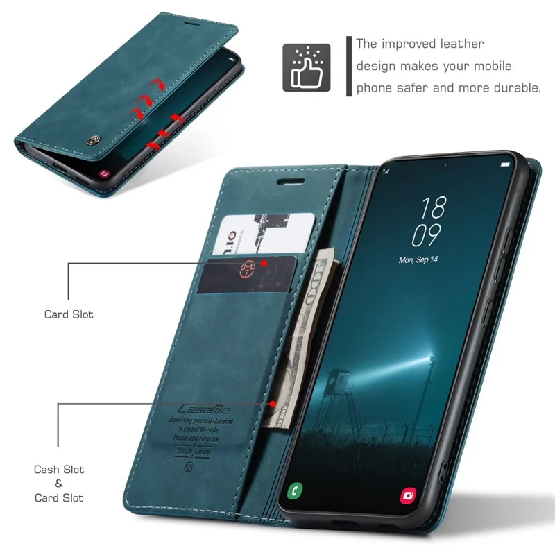 CASEME 013 Series for Samsung Galaxy S22 5G PU Leather Wallet Phone Case Stand Magnetic Absorption Card Holder Cover - Green-Cellmalls