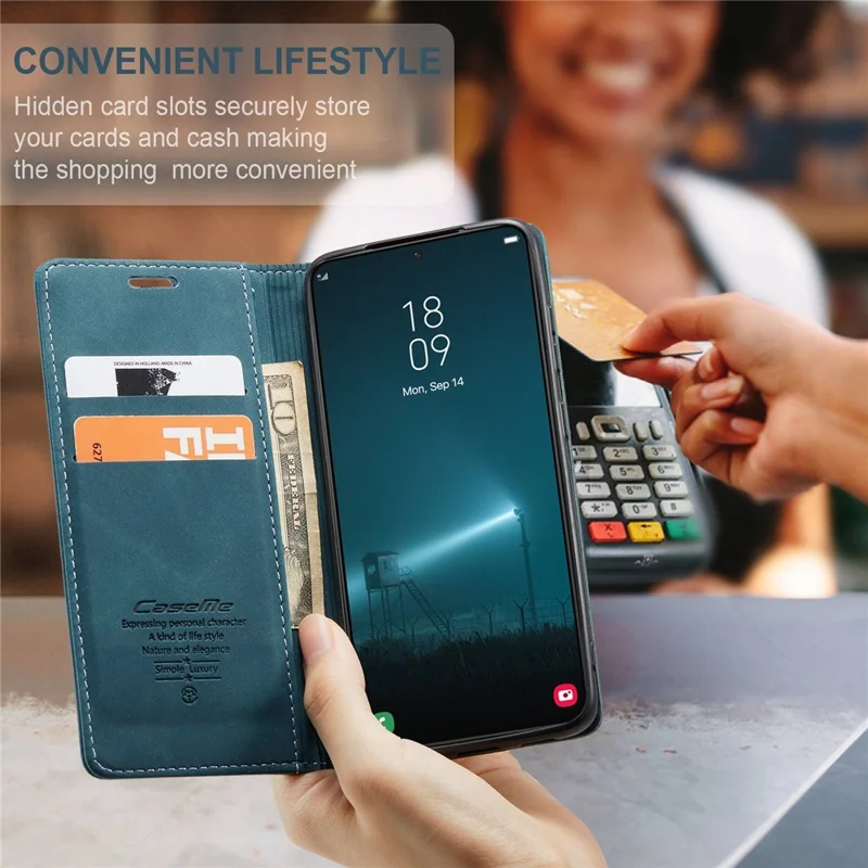 CASEME 013 Series for Samsung Galaxy S22 5G PU Leather Wallet Phone Case Stand Magnetic Absorption Card Holder Cover - Green-Cellmalls