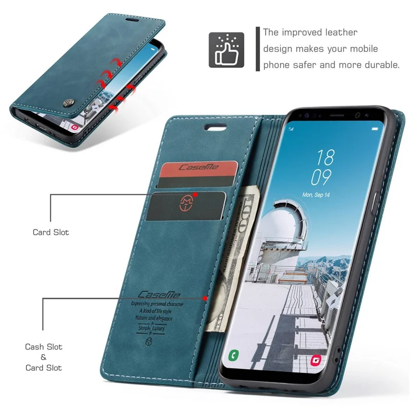 CASEME 013 Series Auto-absorbed Leather Wallet Stand Phone Case Cover for Samsung Galaxy S8 G950 - Blue-Cellmalls