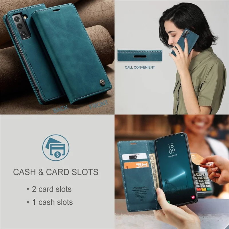 CASEME 013 Series for Samsung Galaxy S22 5G PU Leather Wallet Phone Case Stand Magnetic Absorption Card Holder Cover - Green-Cellmalls