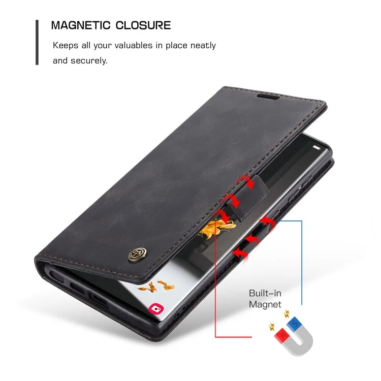CASEME 013 Series for Samsung Galaxy S22 Ultra 5G Foldable Stand Wallet PU Leather + TPU Cover Auto-absorbed Magnetic Closing Phone Case - Black-Cellmalls