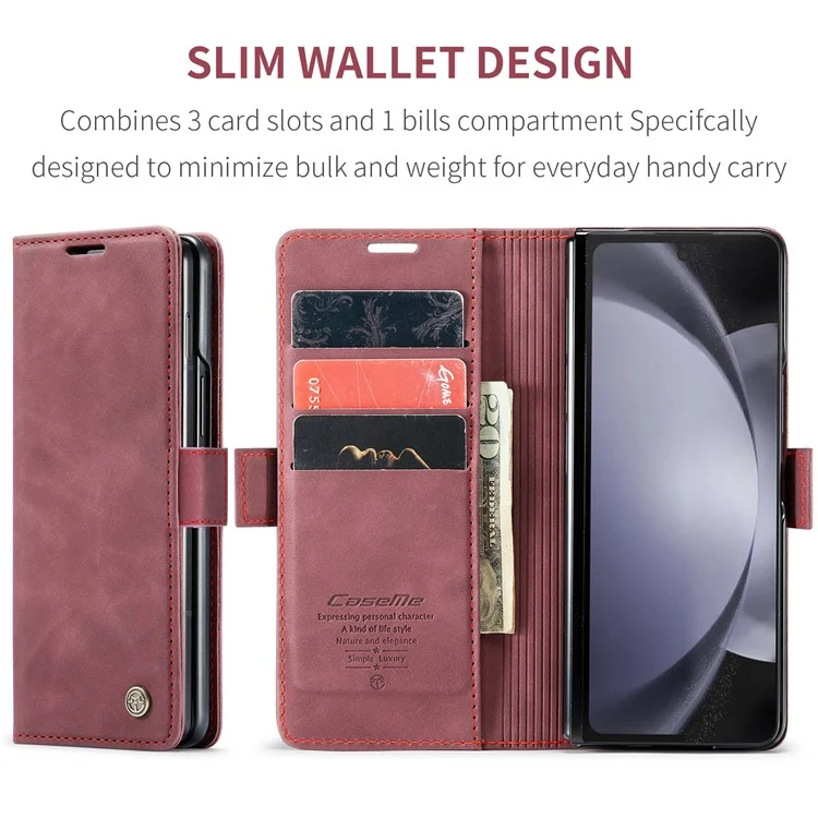 CASEME 013 Series For Samsung Galaxy Z Fold5 5G Wallet Leather Phone Case Stand Phone Cover - Wine Red-Cellmalls