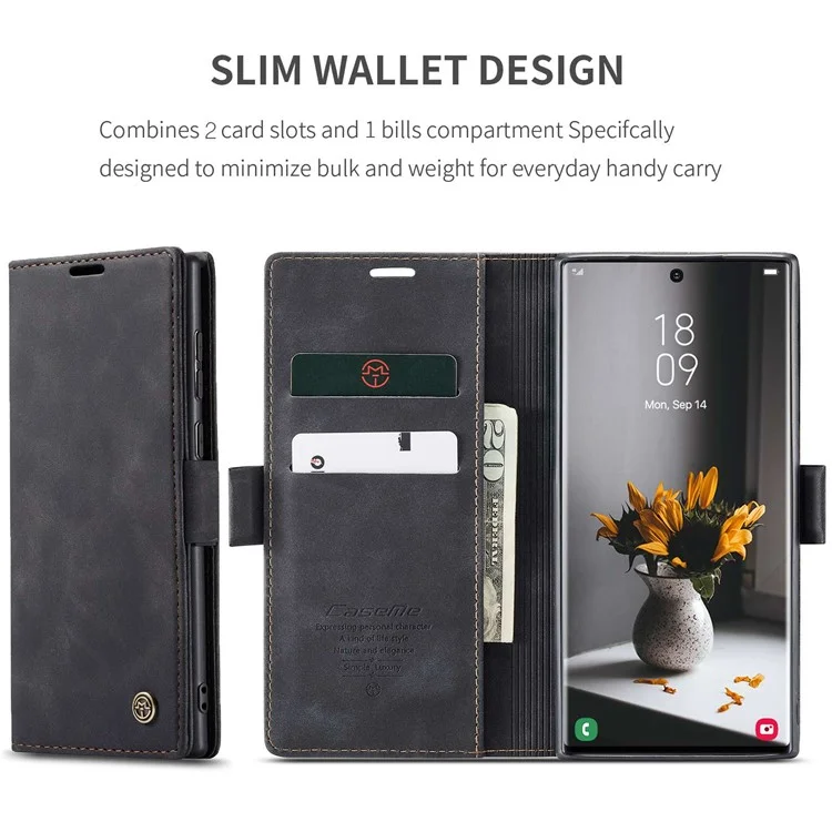 CASEME 013 Series for Samsung Galaxy S22 Ultra 5G Foldable Stand Wallet PU Leather + TPU Cover Auto-absorbed Magnetic Closing Phone Case - Black-Cellmalls