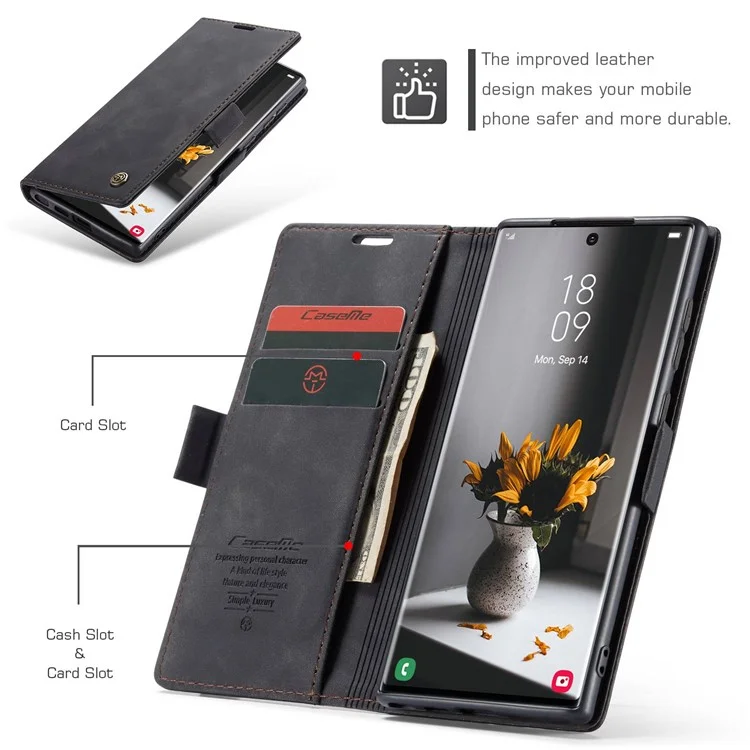 CASEME 013 Series for Samsung Galaxy S22 Ultra 5G Foldable Stand Wallet PU Leather + TPU Cover Auto-absorbed Magnetic Closing Phone Case - Black-Cellmalls