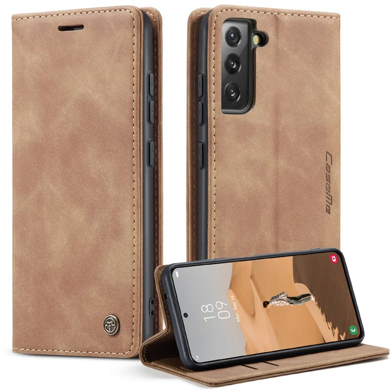 CASEME 013 Series TPU Inner Lining Cover Wallet Stand Design Lightweight Auto-absorbed PU Leather Phone Case for Samsung Galaxy S22+ 5G - Brown-Cellmalls