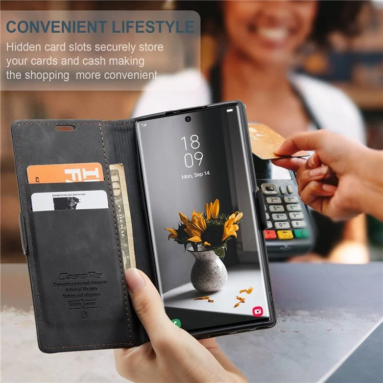 CASEME 013 Series for Samsung Galaxy S22 Ultra 5G Foldable Stand Wallet PU Leather + TPU Cover Auto-absorbed Magnetic Closing Phone Case - Black-Cellmalls