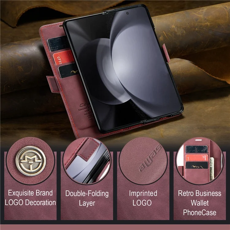 CASEME 013 Series For Samsung Galaxy Z Fold5 5G Wallet Leather Phone Case Stand Phone Cover - Wine Red-Cellmalls