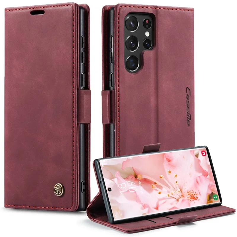 CASEME 013 Series for Samsung Galaxy S22 Ultra 5G Foldable Stand Wallet PU Leather + TPU Cover Auto-absorbed Magnetic Closing Phone Case - Black-Cellmalls