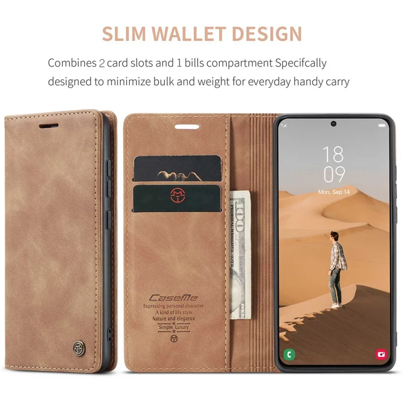 CASEME 013 Series TPU Inner Lining Cover Wallet Stand Design Lightweight Auto-absorbed PU Leather Phone Case for Samsung Galaxy S22+ 5G - Brown-Cellmalls