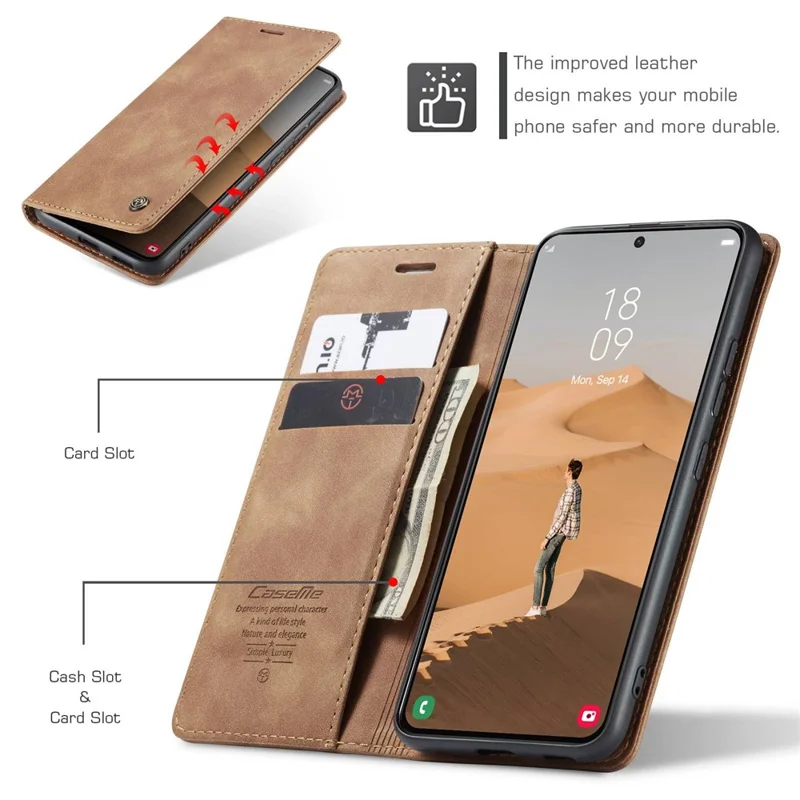 CASEME 013 Series TPU Inner Lining Cover Wallet Stand Design Lightweight Auto-absorbed PU Leather Phone Case for Samsung Galaxy S22+ 5G - Brown-Cellmalls