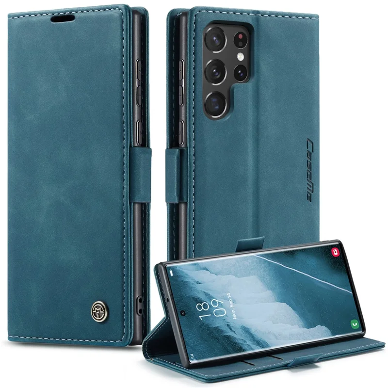 CASEME 013 Series for Samsung Galaxy S22 Ultra 5G Foldable Stand Wallet PU Leather + TPU Cover Auto-absorbed Magnetic Closing Phone Case - Black-Cellmalls