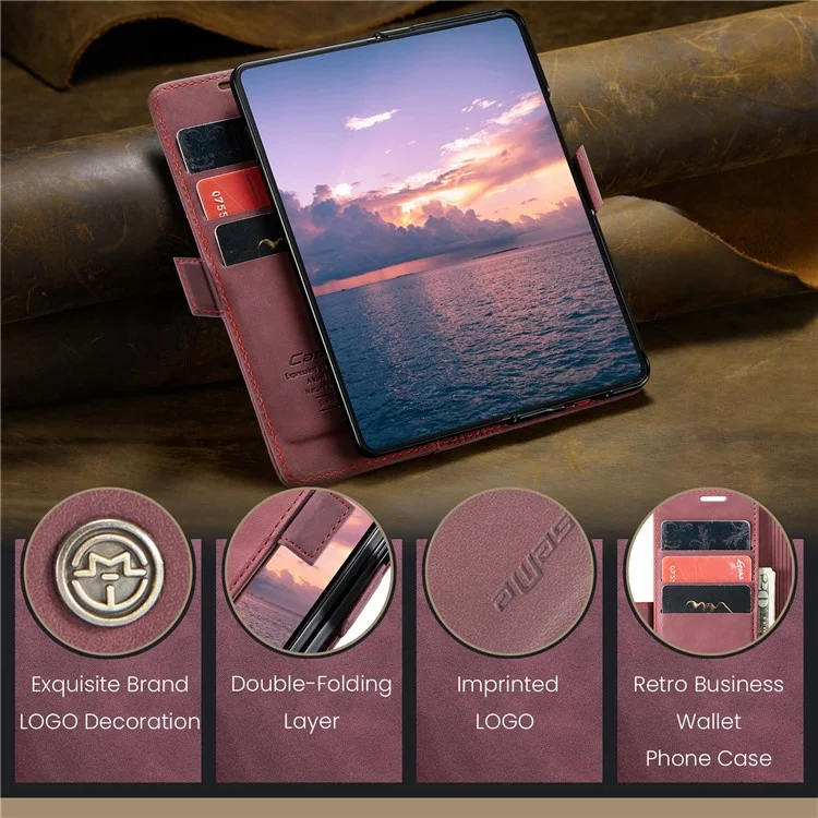CASEME 013 Series For Samsung Galaxy Z Fold6 5G Phone Stand Case Shockproof PU Leather Cover Wallet - Wine Red-Cellmalls